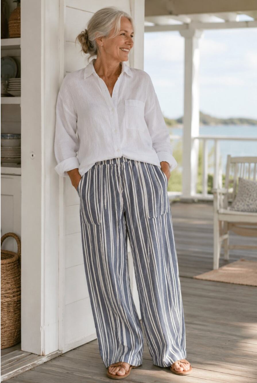 NWT Royalty for Me Large Casual Breton Striped Cotton Pants Wide Leg Trousers